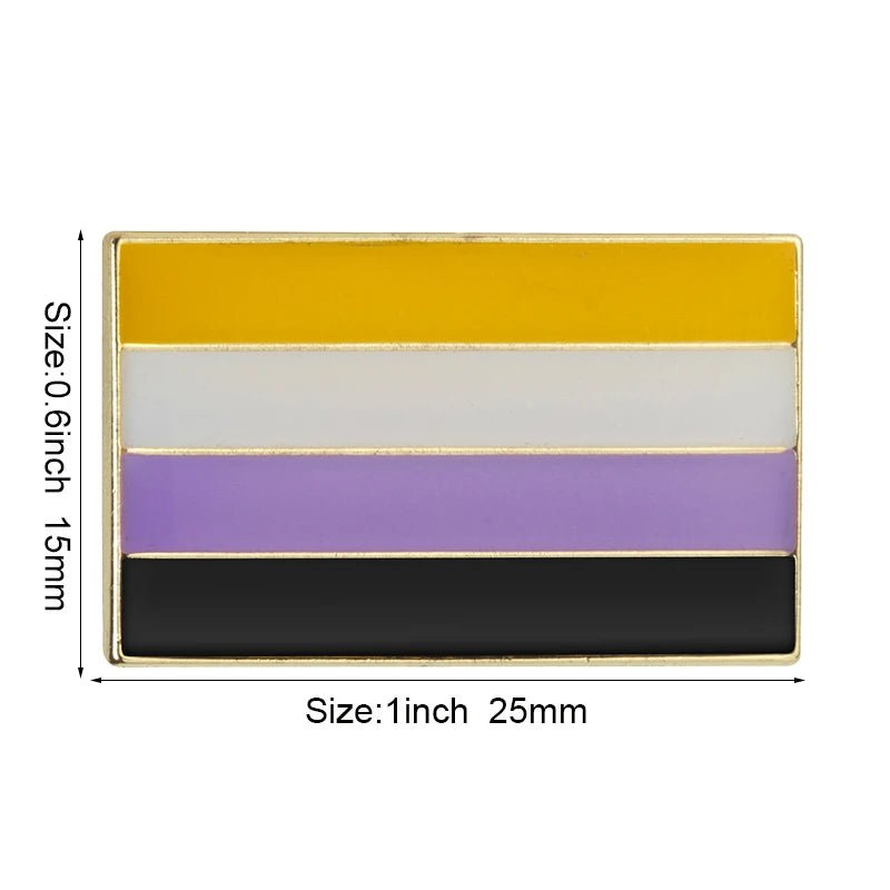 A rectangular pin featuring yellow, white, purple, and black horizontal stripes celebrates Inclusive Pride. Measuring 0.6 by 1 inch (15mm by 25mm), this vibrant enamel lapel pin enhances any Pride collection.