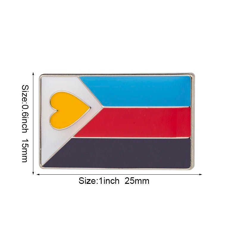 The Rare Pride Flags Enamel Lapel Pin showcases a unique design with horizontal blue, red, and black stripes, a white chevron, and a yellow heart. Measuring 1x0.6 inches (25x15mm), this inclusive pin is perfect for adding flair to any outfit while supporting the LGBTQ+ community.