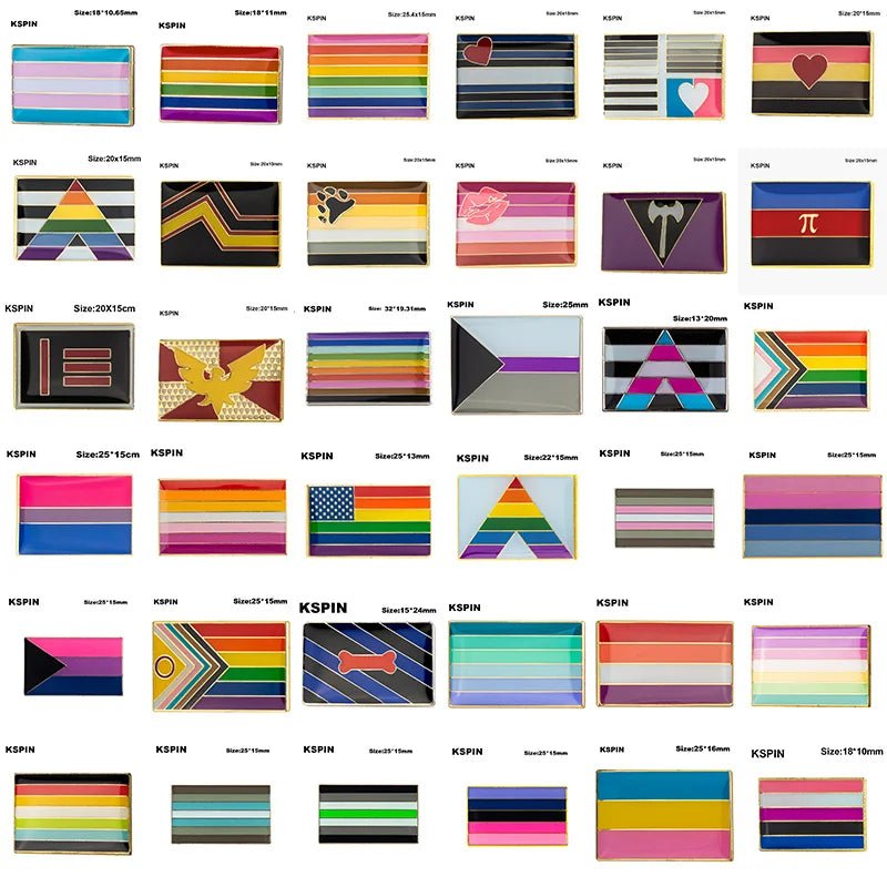 A vibrant collage of various pride flags, each in a small rectangular shape, featuring symbols like hearts and mathematical signs—including the Inclusive Pride variant—form a grid pattern. This Rare Pride Flags enamel lapel pin is perfect for showcasing LGBTQ+ diversity or as cheerful Pride pins.