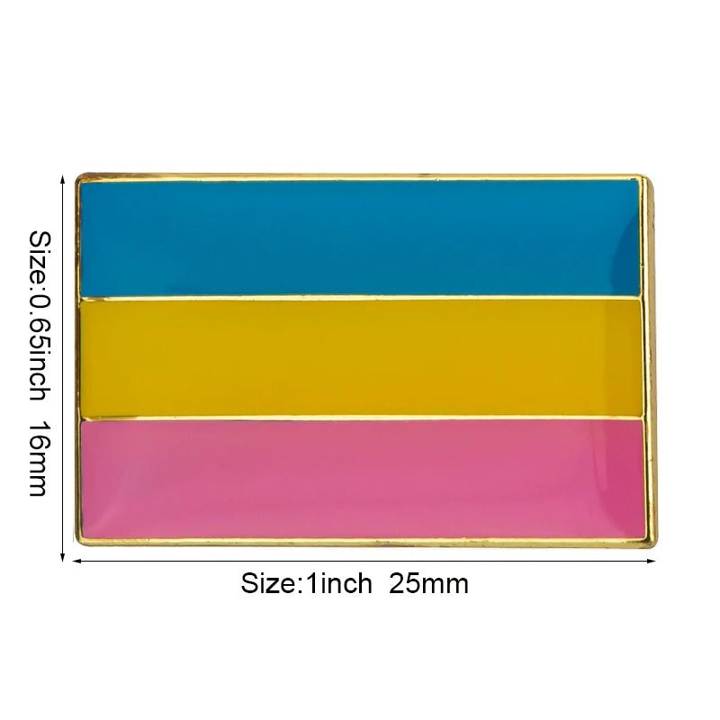 The Rare Pride Flags - Enamel Lapel Pin is a rectangular pin with three horizontal stripes: blue on top, yellow in the middle, and pink on the bottom, all outlined in gold. It symbolizes Inclusive Pride and measures 0.65 inches (16mm) high by 1 inch (25mm) wide.