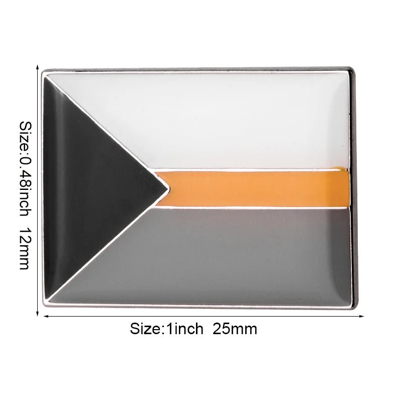 The Rare Pride Flags Enamel Lapel Pin is rectangular, featuring a black triangle on the left with an orange stripe dividing white and grey sections, symbolizing inclusivity. It measures 1 inch (25mm) wide by 0.48 inch (12mm) tall, celebrating the LGBTQ+ community.
