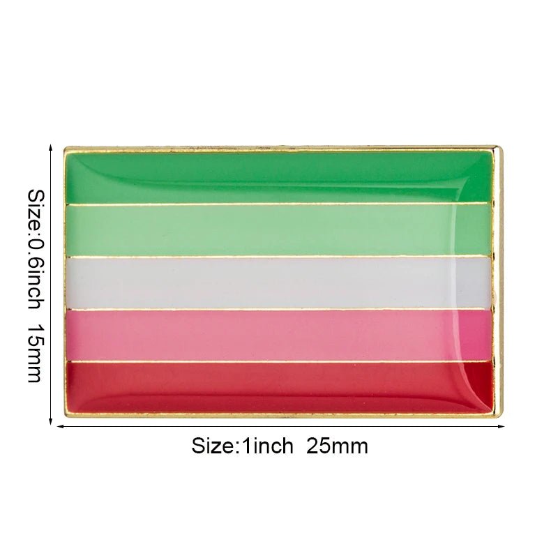 The Rare Pride Flags - Enamel Lapel Pin, measuring 1 inch by 0.6 inches (25mm by 15mm), features horizontal stripes in green, light green, white, pink, and red hues to celebrate LGBTQ+ pride with vibrant style and inclusivity.