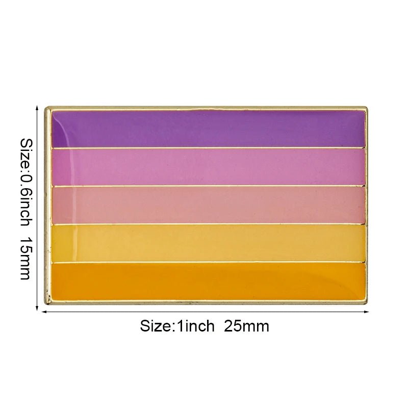 The Rare Pride Flags - Enamel Lapel Pin is a rectangular pin with six horizontal stripes in purple, pink, and yellow. Celebrating LGBTQ+ inclusivity, it measures 0.6 inches (15mm) tall and 1 inch (25mm) wide.