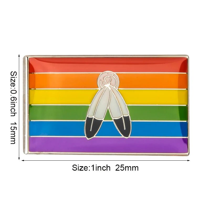 The Rare Pride Flags - Enamel Lapel Pin is a rectangular pin with horizontal rainbow stripes and two overlapping feathers at the center, symbolizing LGBTQ+ inclusivity. It measures 1 inch by 0.6 inches (25mm by 15mm).