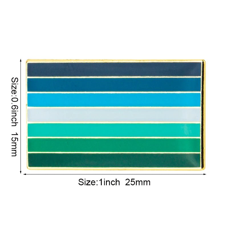 The Rare Pride Flags Enamel Lapel Pin is a rectangular design with blue, green, and teal horizontal stripes symbolizing Inclusive Pride. It features gold borders and measures 0.6" x 1" (15mm x 25mm), celebrating the LGBTQ+ community with style.