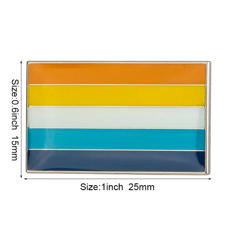 The Rare Pride Flags - Enamel Lapel Pin features a rectangular design with five horizontal stripes in orange, yellow, light blue, turquoise, and dark blue. Measuring 15mm by 25mm (0.6" x 1"), it's a vibrant symbol of inclusive pride for the LGBTQ+ community.