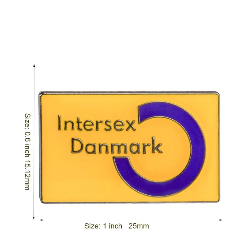 The "Rare Pride Flags - Enamel Lapel Pin" is a rectangular badge with a yellow background, featuring the text "Intersex Danmark" and a purple circle for inclusive pride. Measuring 1 inch by 0.6 inches (25mm by 15.12mm), it's perfect for any Pride Pins collection.