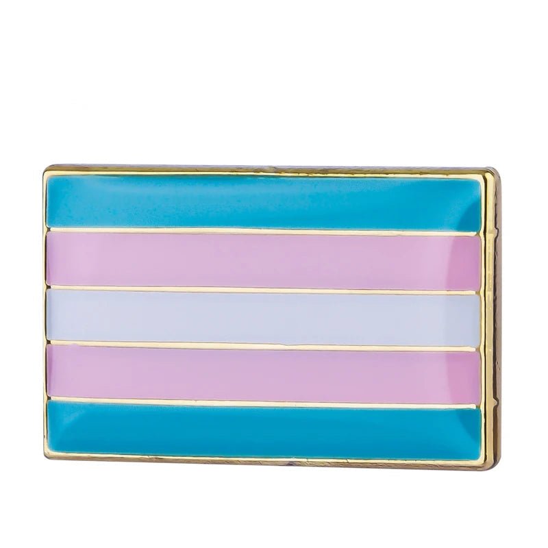 The Rare Pride Flags - Enamel Lapel Pin showcases a rectangular design with horizontal stripes in blue, pink, white, pink, and blue outlined in gold. Celebrate inclusive pride and support the LGBTQ+ community with this vibrant accessory.
