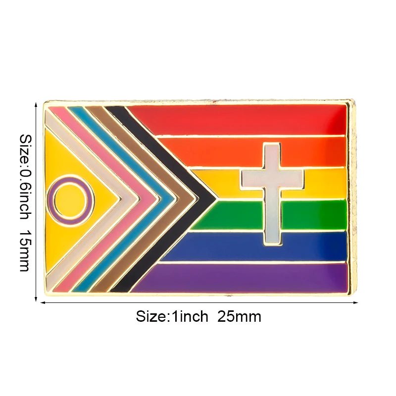 The Rare Pride Flags Enamel Lapel Pin is a 1x0.6 inch rectangular badge that combines the progress pride flag with a Christian cross, featuring rainbow stripes and a chevron to represent trans, marginalized people of color, and intersex identities—ideal for showcasing LGBTQ+ pride.