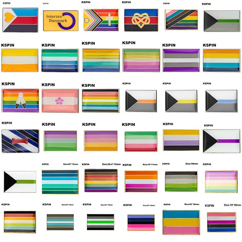 Rare Pride Flags - Enamel Lapel Pin collection showcases vibrant rectangular pins representing various LGBTQ+ identities. Each pin is thoughtfully labeled and features distinct patterns and colors in an inclusive grid format.