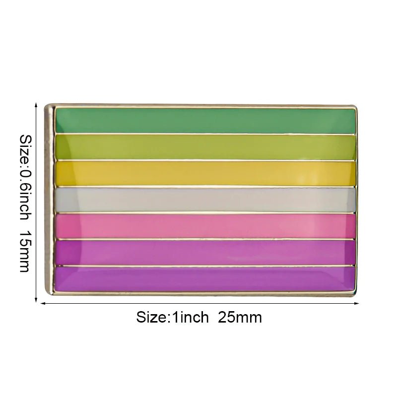 The Rare Pride Flags Enamel Lapel Pin is a 1x0.6 inch rectangular pin featuring vibrant horizontal stripes in green, yellow, white, pink, and purple to celebrate LGBTQ+ inclusivity.