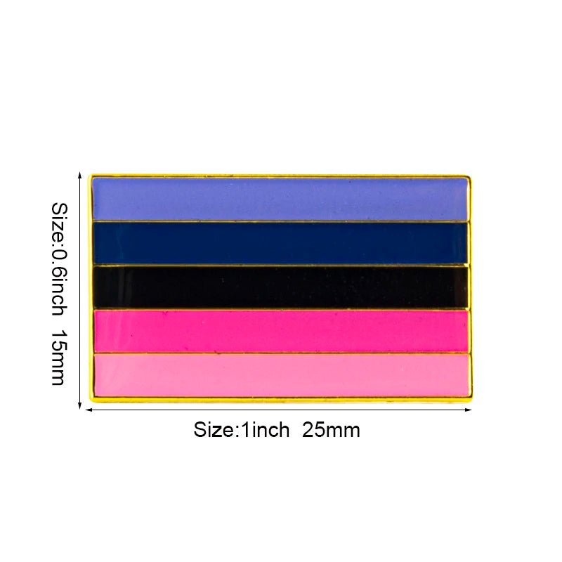 The Rare Pride Flags Enamel Lapel Pin features horizontal stripes in purple, blue, black, pink, and light pink. Proudly wear this 0.6 by 1-inch Inclusive Pride symbol to show support for the LGBTQ+ community.