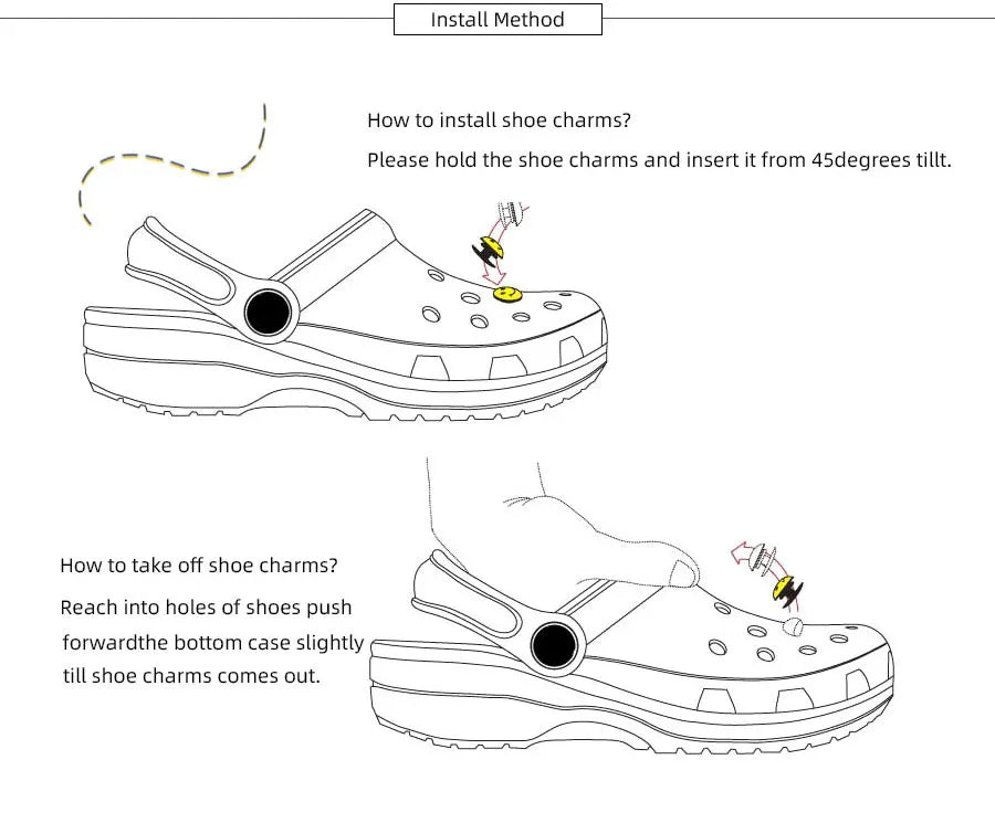 Diagram showing how to install and remove Retro Roller Skate theme Shoe Charms on clogs. Top image: Charm is inserted at a 45-degree angle. Bottom image: Charm is pressed out from inside. Text guides included for clarity.