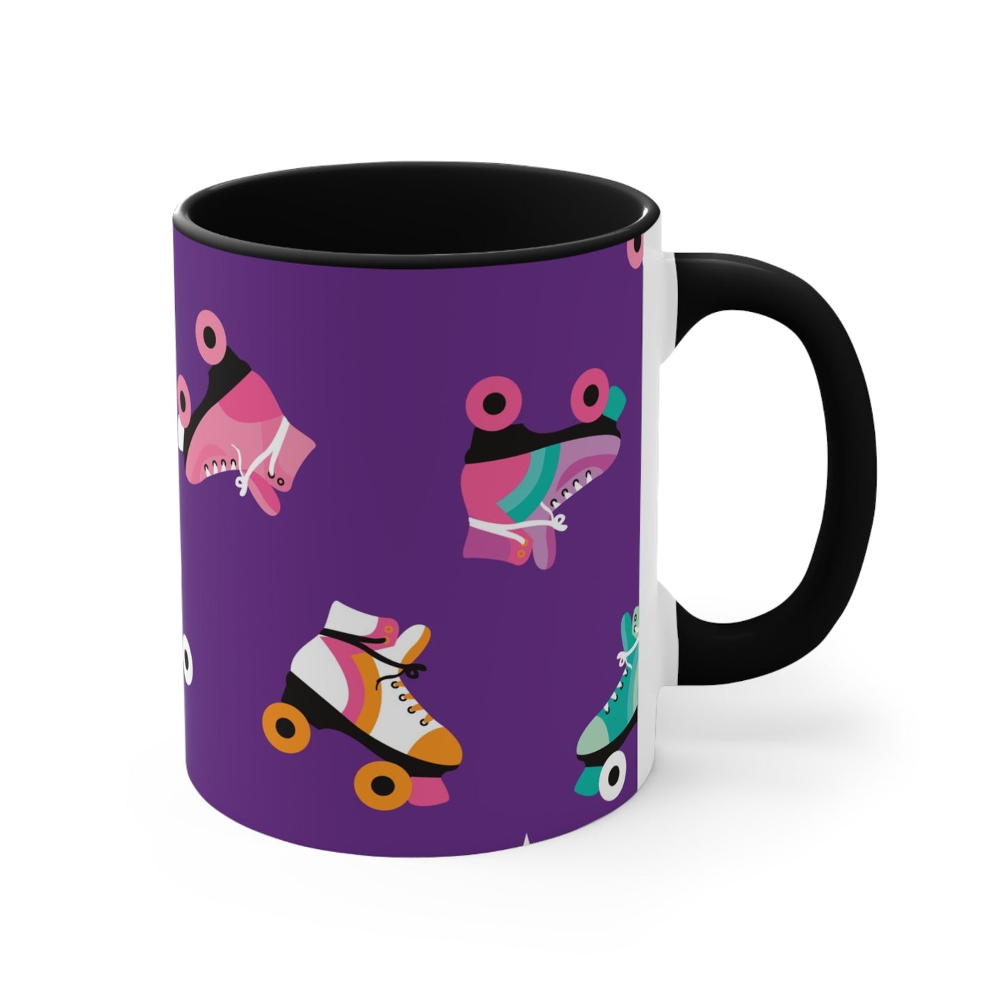 The Printify Roller Skates with a purple background - cute colourful accent mug features a white ceramic coffee mug with a pink handle and interior. Its design is adorned with various colorful roller skate illustrations against a vibrant purple background, showcasing skates in different styles and colors for a playful touch.