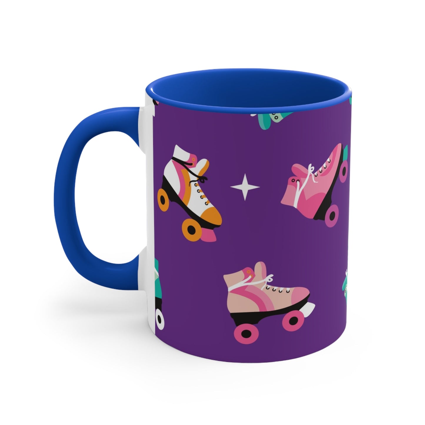The Printify Roller Skates with a purple background - cute colourful accent mug features a white ceramic coffee mug with a pink handle and interior. Its design is adorned with various colorful roller skate illustrations against a vibrant purple background, showcasing skates in different styles and colors for a playful touch.