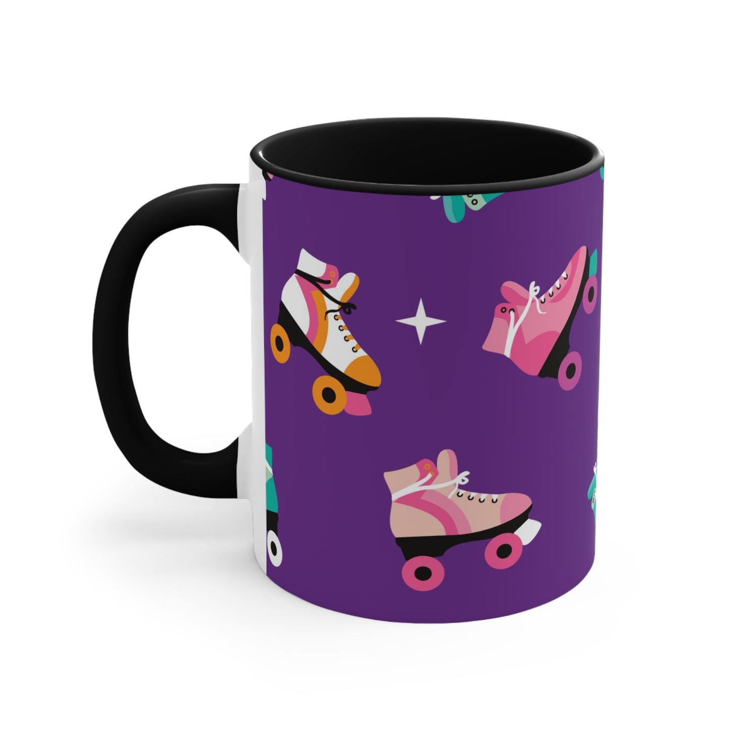 The Printify Roller Skates with a purple background - cute colourful accent mug features a white ceramic coffee mug with a pink handle and interior. Its design is adorned with various colorful roller skate illustrations against a vibrant purple background, showcasing skates in different styles and colors for a playful touch.