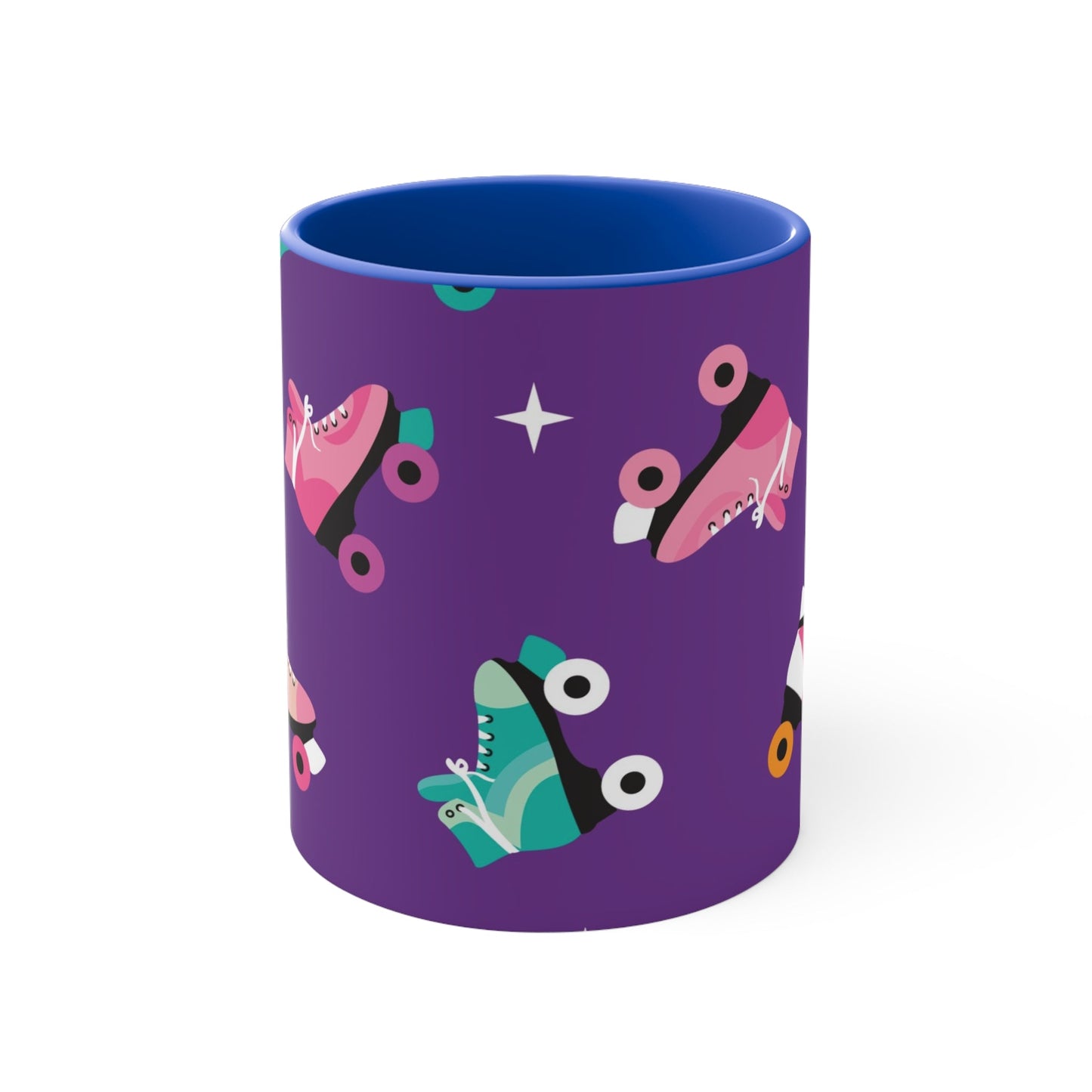 The Printify Roller Skates with a purple background - cute colourful accent mug features a white ceramic coffee mug with a pink handle and interior. Its design is adorned with various colorful roller skate illustrations against a vibrant purple background, showcasing skates in different styles and colors for a playful touch.