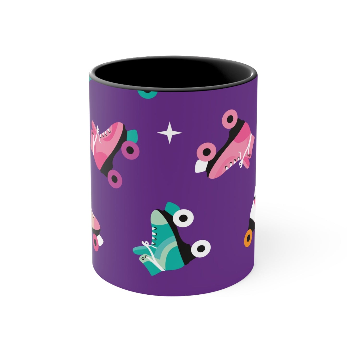 The Printify Roller Skates with a purple background - cute colourful accent mug features a white ceramic coffee mug with a pink handle and interior. Its design is adorned with various colorful roller skate illustrations against a vibrant purple background, showcasing skates in different styles and colors for a playful touch.