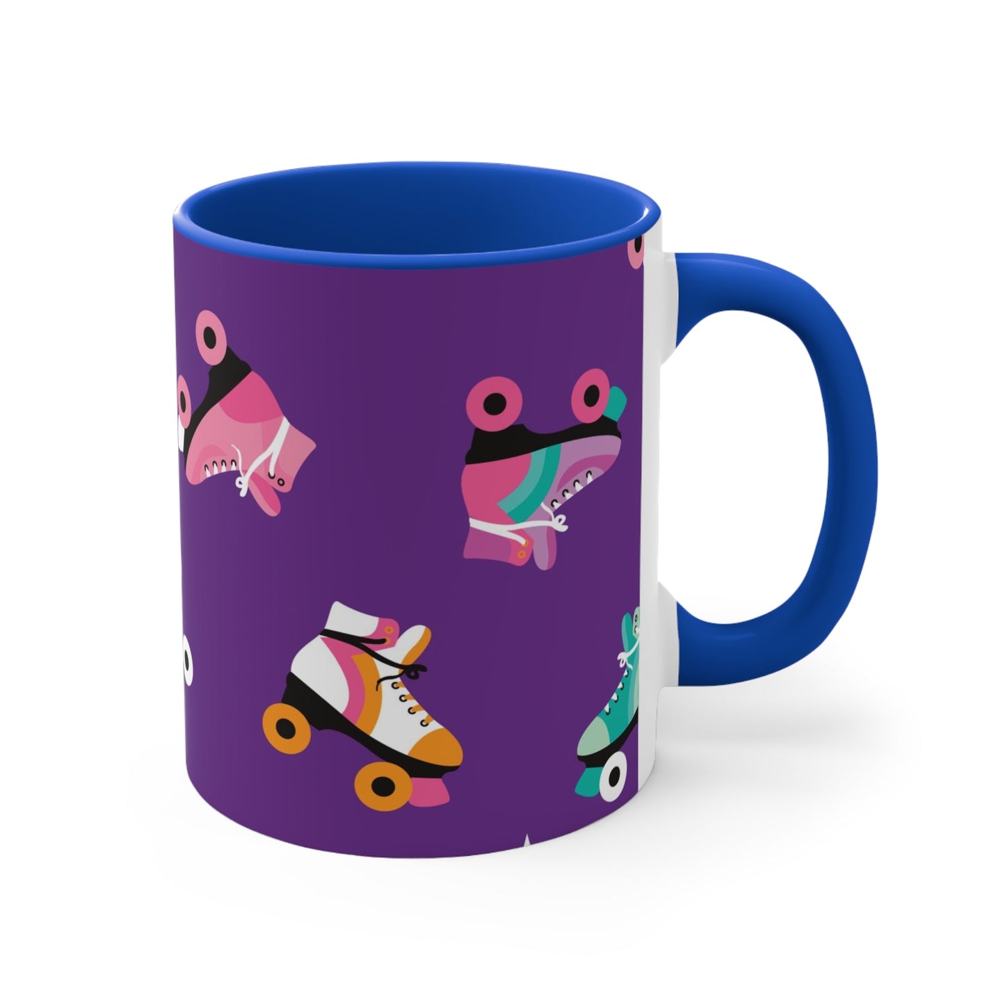 The Printify Roller Skates with a purple background - cute colourful accent mug features a white ceramic coffee mug with a pink handle and interior. Its design is adorned with various colorful roller skate illustrations against a vibrant purple background, showcasing skates in different styles and colors for a playful touch.