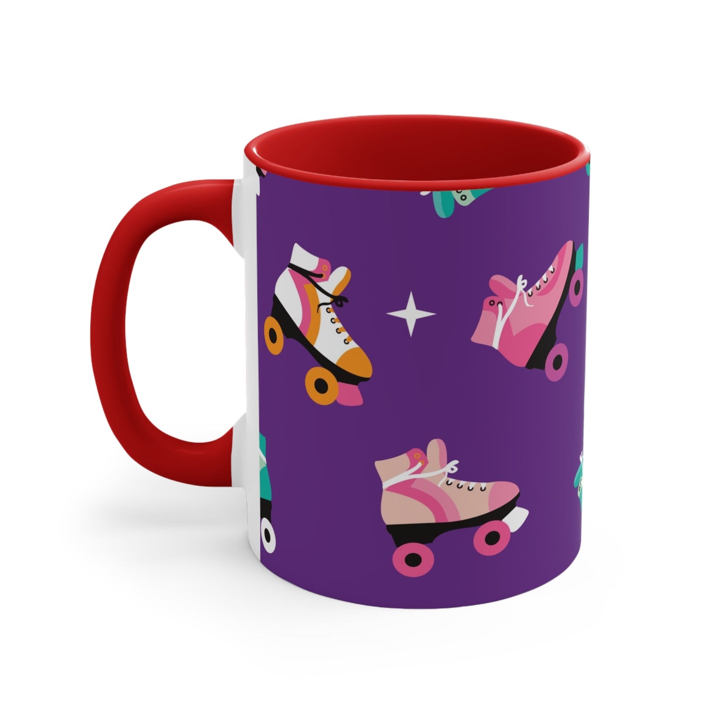 The Printify Roller Skates with a purple background - cute colourful accent mug features a white ceramic coffee mug with a pink handle and interior. Its design is adorned with various colorful roller skate illustrations against a vibrant purple background, showcasing skates in different styles and colors for a playful touch.