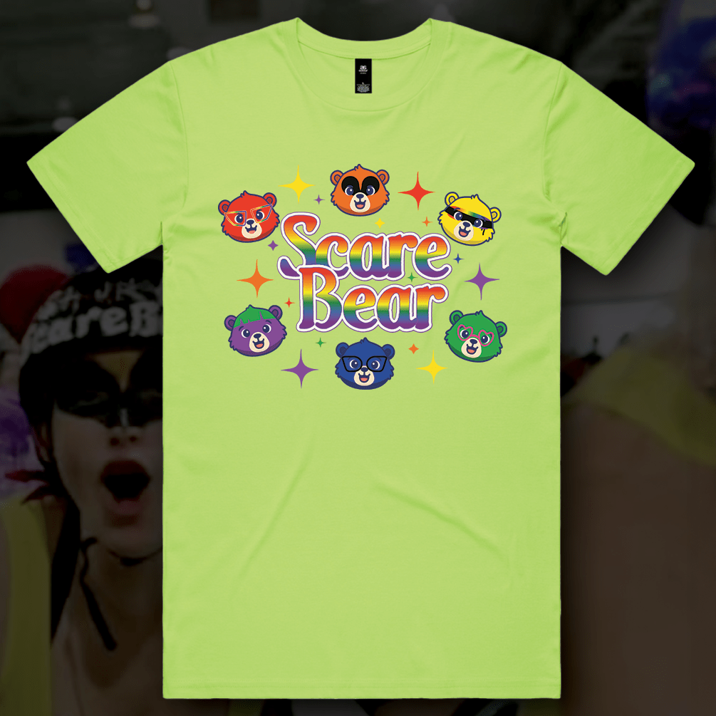 Green t-shirt with 'Scare Bear' graphic design featuring colorful bears on a dark background.