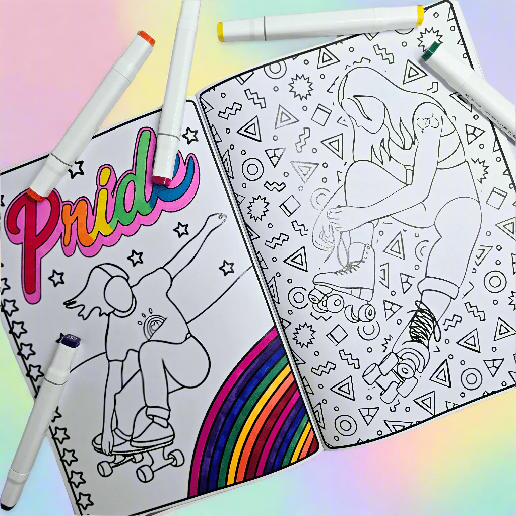 Pride skating original design colouring book page featuring a neon pride sign, rainbow and skateboarding figure
