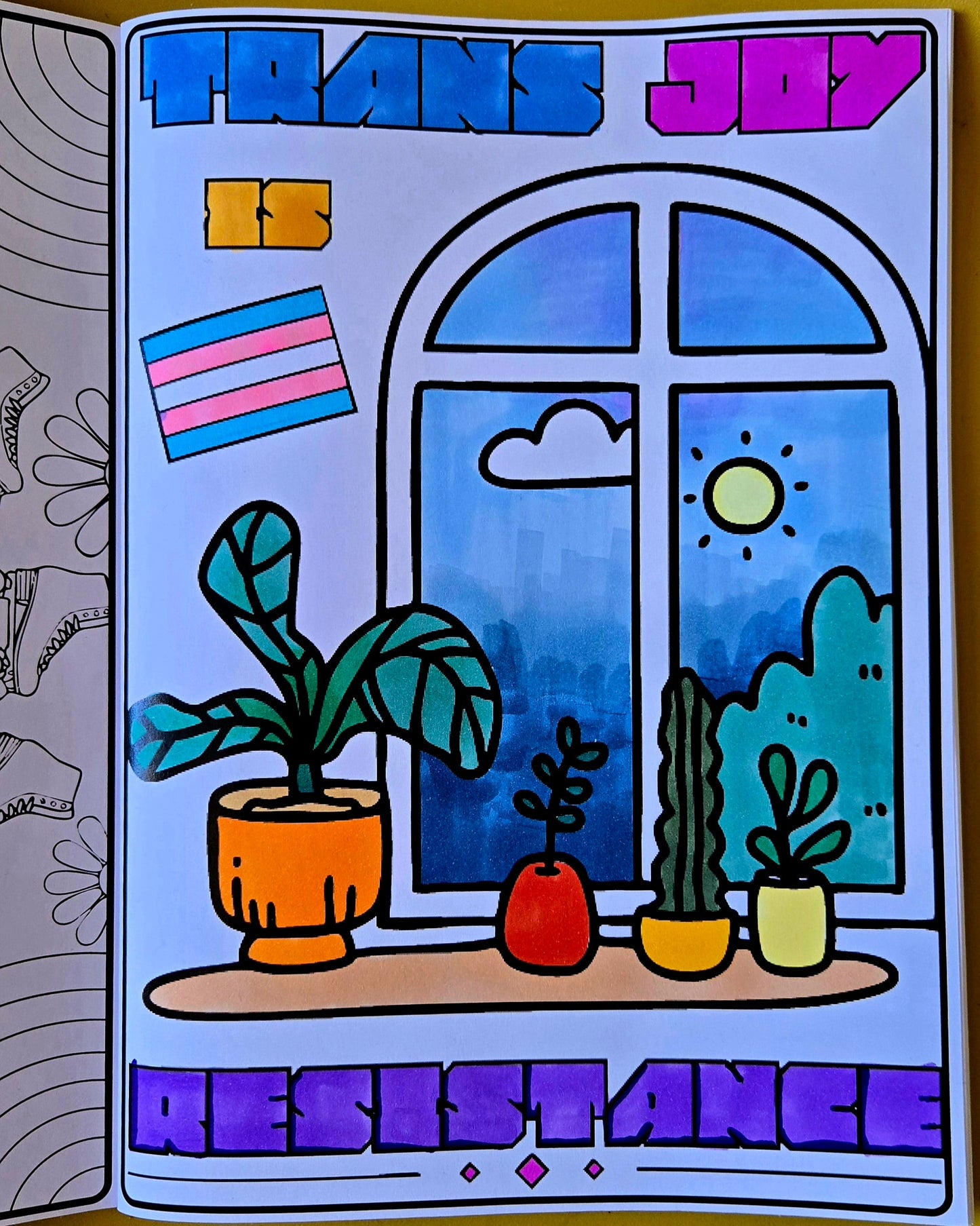 Trans Pride Colouring In page. Trans Joy Is Resistance