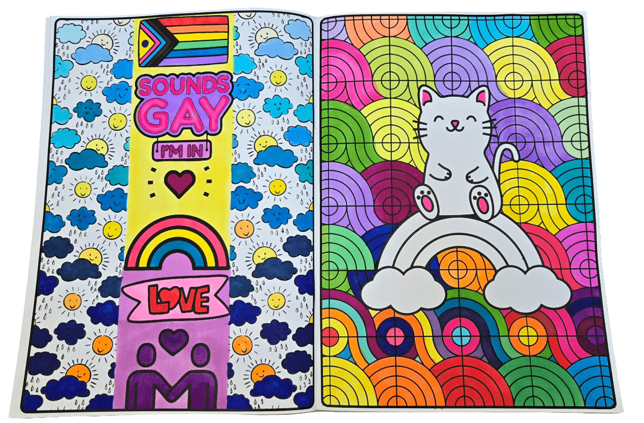 Two vibrant pages in the Skate Not Hate - Pride Colouring Book: one with rainbows, clouds, pride flags, and LGBTQ+ affirmations; the other shows a smiling cat on a rainbow—ideal for Gay Skate fans or pride-themed colouring fun.