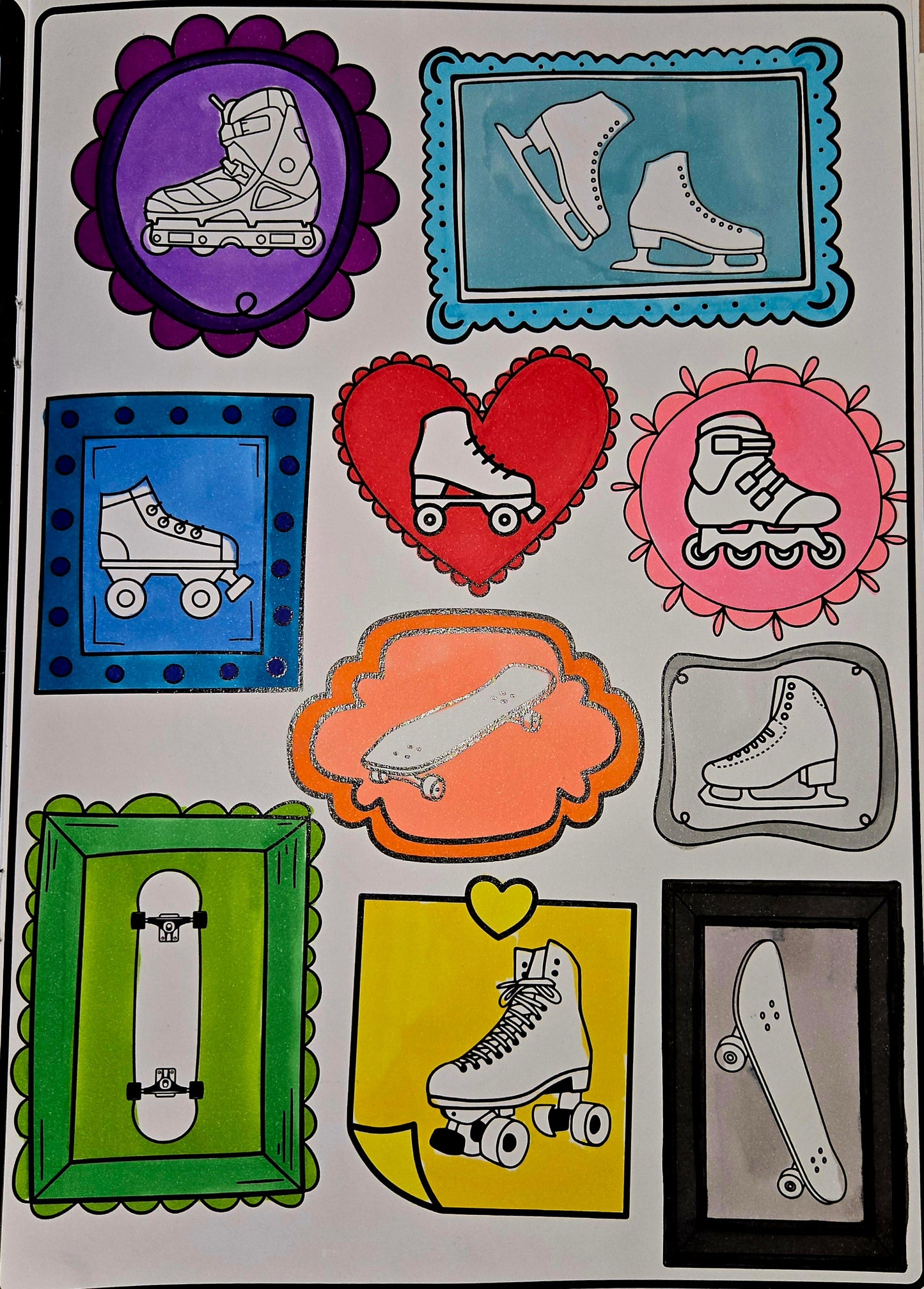 A vibrant collage of framed drawings showcases diverse skates and skateboards, including Gay Skate designs, all with decorative borders inspired by the Skate Not Hate - Pride Colouring Book.