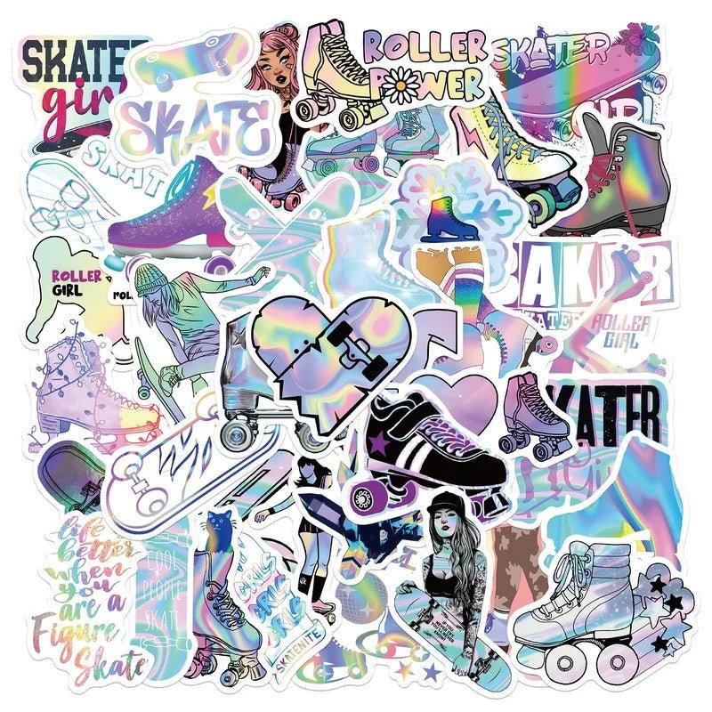 Skate Stickers - quad skates, skateboard, ice skating feature a collection of colorful and holographic PVC waterproof stickers with various skate designs, including roller skates, skateboards, hearts, and phrases like "Keep Calm and Skate" and "Let's Roll.