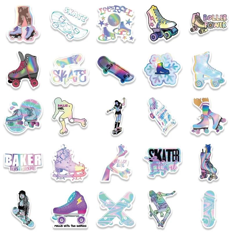 Skate Stickers - quad skates, skateboard, ice skating, figure skating, roller skating. A collection of colorful and holographic PVC waterproof stickers with various skate designs, including roller skates, skateboards, hearts, and phrases like "Keep Calm and Skate" and "Let's Roll. Riedell, Roll-line, Antiks, Edea, skatergirl