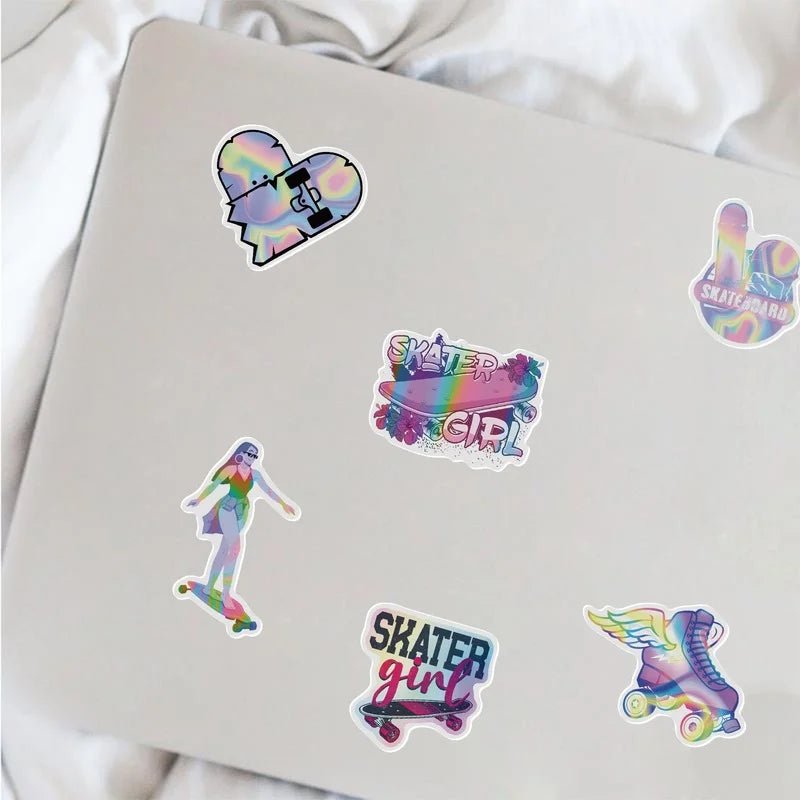 Skate Stickers - quad skates, skateboard, ice skating, figure skating, roller skating. A collection of colorful and holographic PVC waterproof stickers with various skate designs, including roller skates, skateboards, hearts, and phrases like "Keep Calm and Skate" and "Let's Roll. Riedell, Roll-line, Antiks, Edea, skatergirl