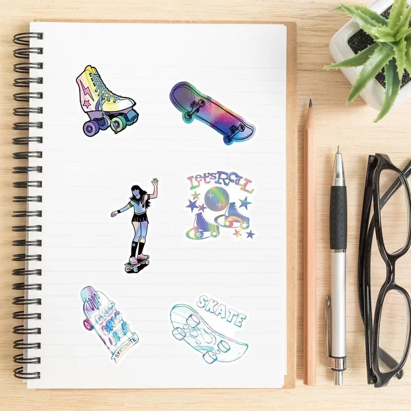 Skate Stickers - quad skates, skateboard, ice skating, figure skating, roller skating. A collection of colorful and holographic PVC waterproof stickers with various skate designs, including roller skates, skateboards, hearts, and phrases like "Keep Calm and Skate" and "Let's Roll. Riedell, Roll-line, Antiks, Edea, skatergirl