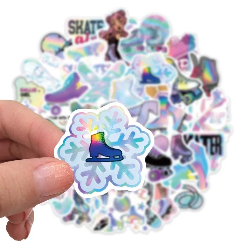 Skate Stickers - quad skates, skateboard, ice skating, figure skating, roller skating. A collection of colorful and holographic PVC waterproof stickers with various skate designs, including roller skates, skateboards, hearts, and phrases like "Keep Calm and Skate" and "Let's Roll. Riedell, Roll-line, Antiks, Edea, skatergirl