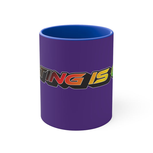 Displayed is the SKATING IS GAY rainbow gradient accent mug. This eye-catching mug features a purple exterior and a colorful interior, with the text "SKATING IS GAY" displayed in gradient colors of red, orange, yellow, and green, blue, purple. The dynamic design is enhanced by its shadowed font style.