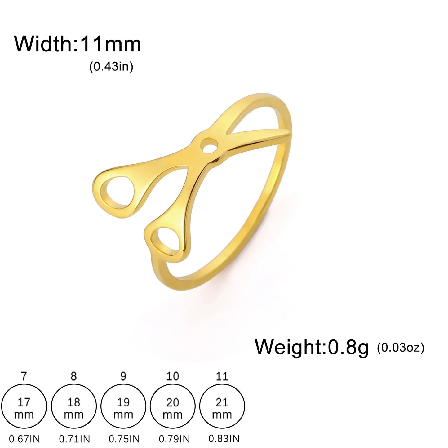 A Stainless Steel or Gold Scissor Ring for sapphic, WLW, and lesbian pride is shown on a white background. The 11mm wide, 0.8g ring appears above a size chart with inner diameters for sizes 7 to 11—modern pride accessory.