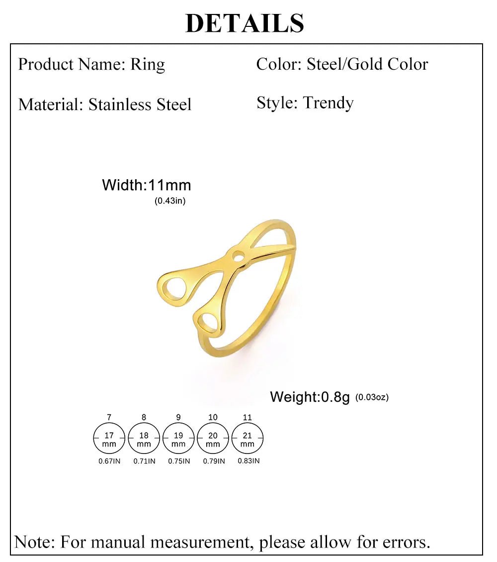 A Stainless Steel or Gold Scissor Ring for Sapphic, WLW, and Lesbian Pride is shown on a white background. Text displays details: 11mm width, 0.8g weight, and available sizes with a measurement chart.