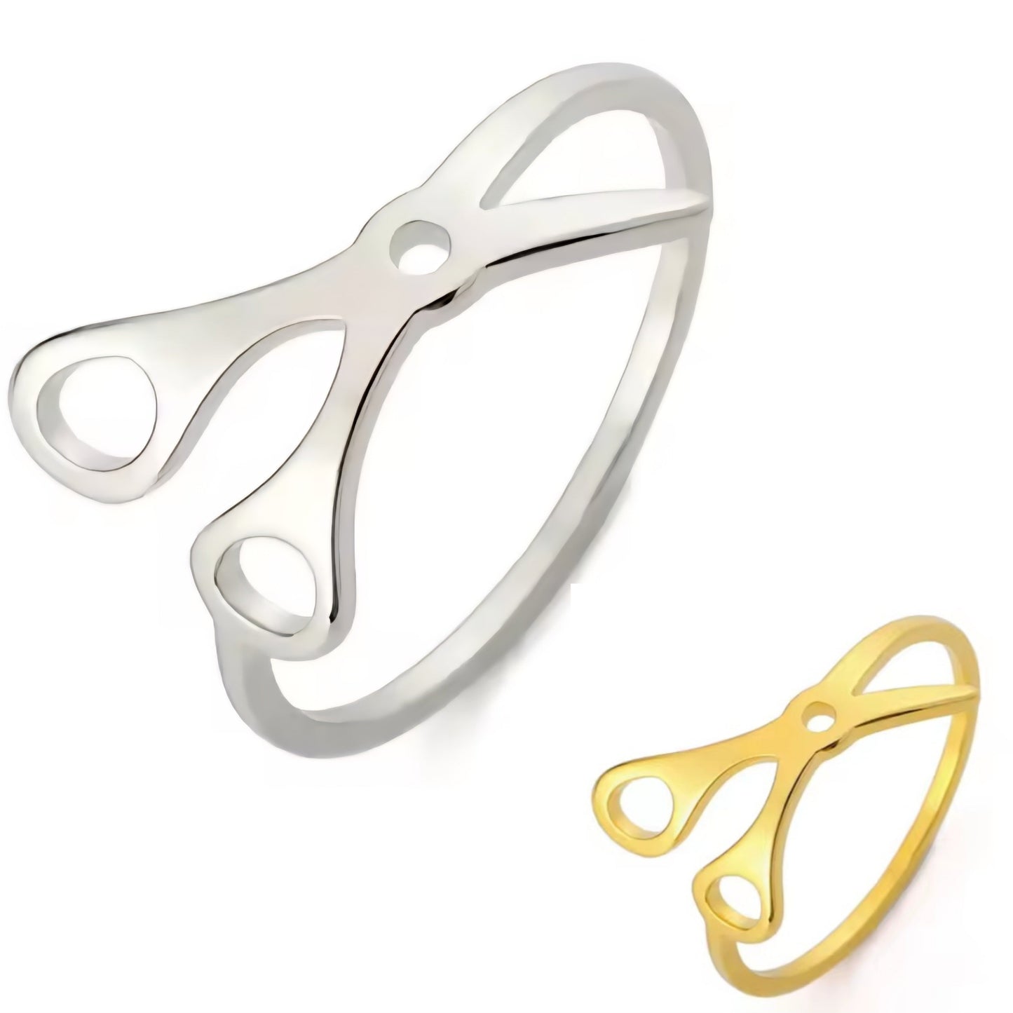 The Stainless Steel or Gold Scissor Ring—Sapphic, WLW and Lesbian Pride—is shown in silver and gold on a white background. These bold, elegant rings celebrate lesbian pride with unique style.