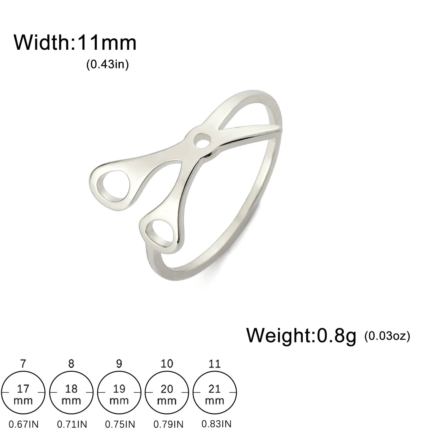 A Stainless Steel or Gold Scissor Ring, perfect for sapphic, WLW, and lesbian pride. Shaped like scissors, 11mm wide and 0.8g in weight. Displayed on a white background with a size chart at the bottom left.