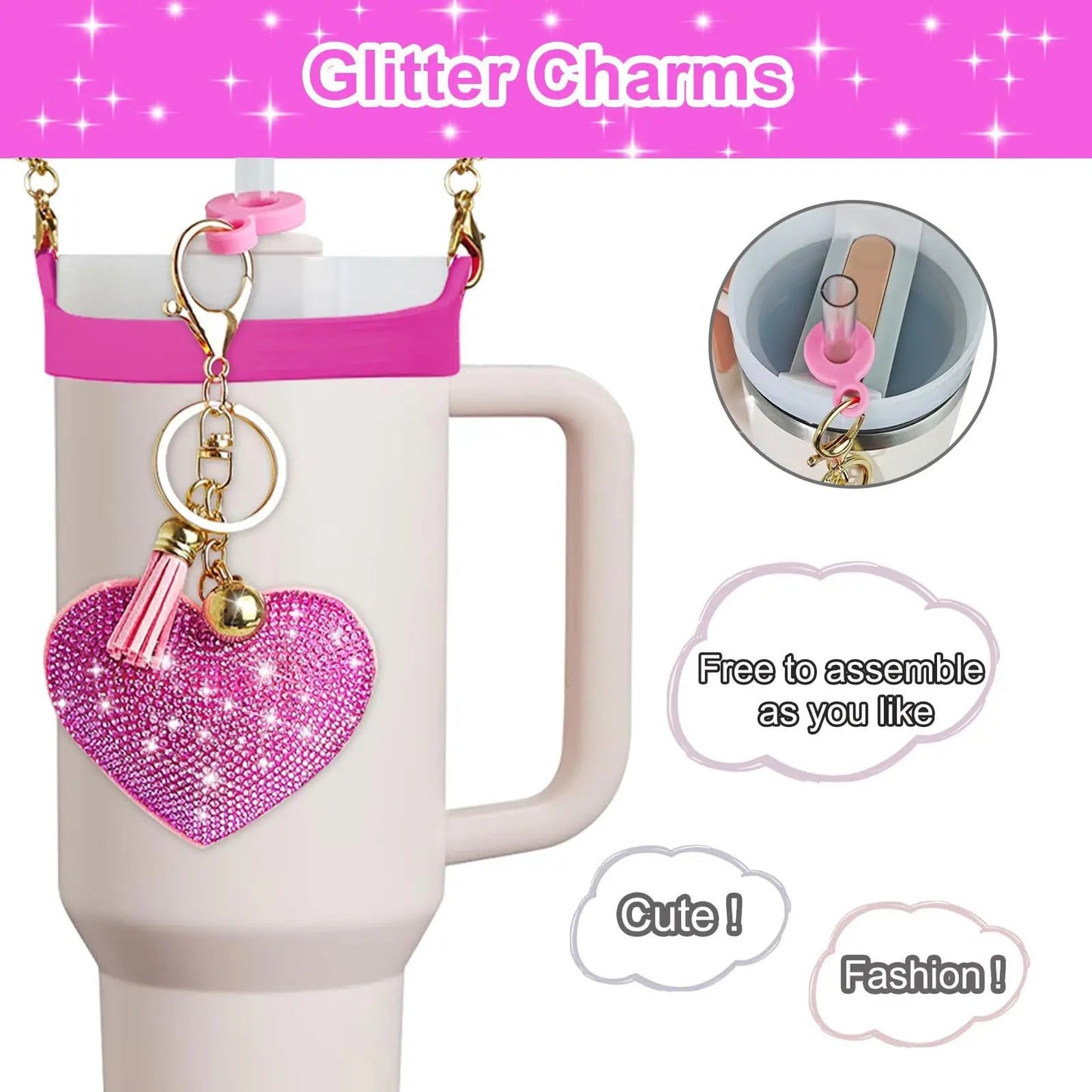 Stanely Cup Bling Accessory Set - diamante pink, black and white