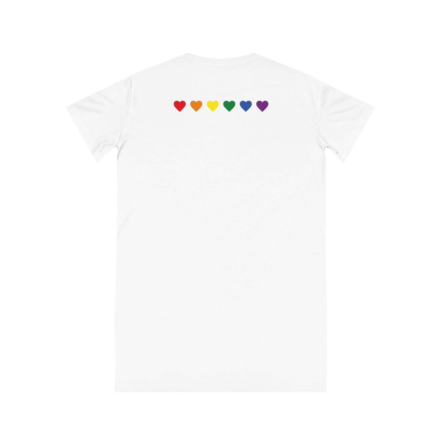 A white Subtle lesbian pride T-Shirt Dress by Printify, made from 100% organic cotton, with a square design on the front featuring a grid of small, colorful hearts in shades of pink, red, orange, and purple. The word "LOVE" is spelled out in the grid with the hearts.
