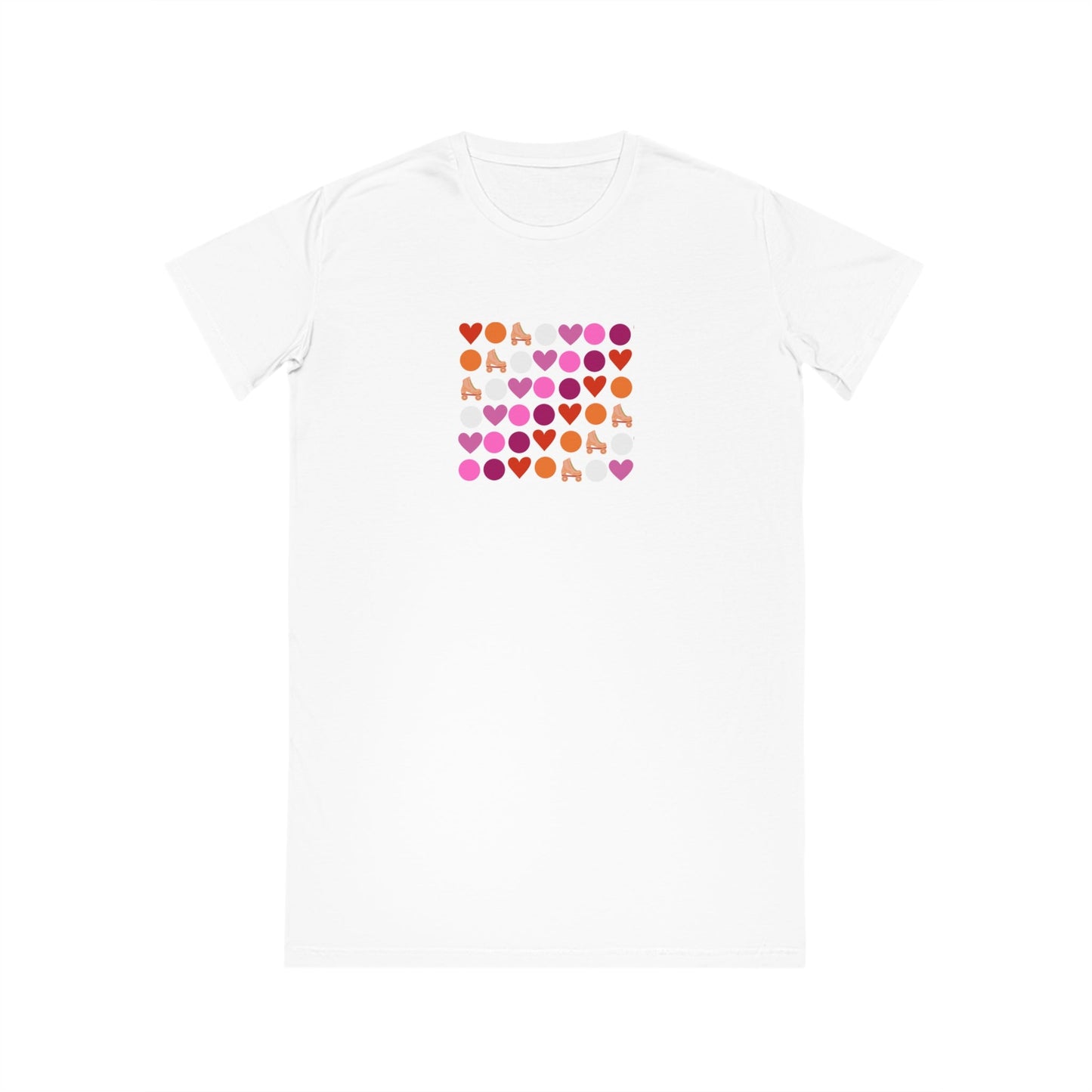 A white Subtle lesbian pride T-Shirt Dress by Printify, made from 100% organic cotton, with a square design on the front featuring a grid of small, colorful hearts in shades of pink, red, orange, and purple. The word "LOVE" is spelled out in the grid with the hearts.