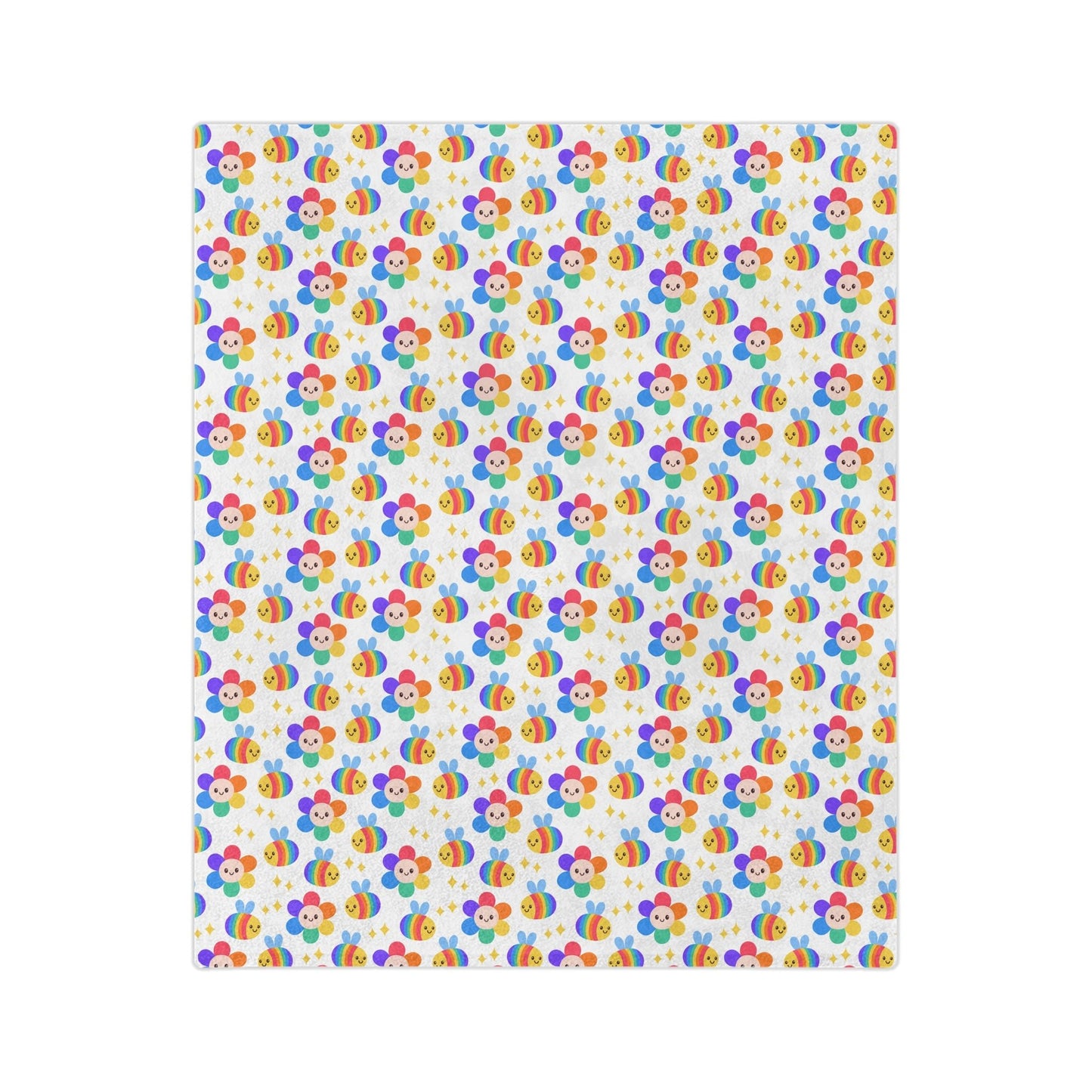 A vibrant and cheerful design showcasing trans and queer owned creativity, this Printify velveteen microfiber blanket features a subtle LGBTQ pride theme with flowers in red, purple, and yellow petals arranged in a grid-like formation on a white background.