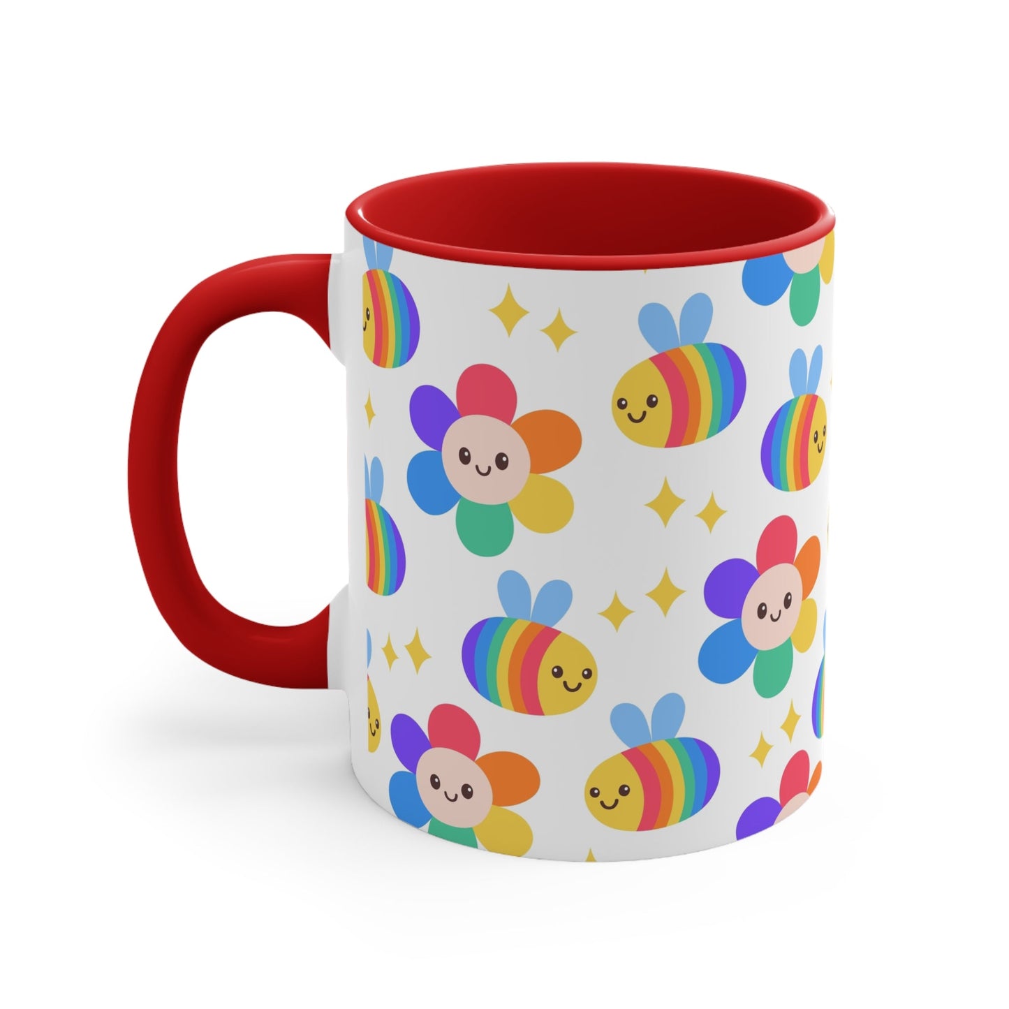 The Subtle Rainbow Pride - Flowers and Bees Colourful Accent Mug is a white ceramic mug with a red handle and colored interior, adorned with a vibrant pattern of adorable smiling rainbow bees and flower designs. The cheerful bees and flowers are rendered in bright rainbow colors reminiscent of the pride flag, with small yellow stars scattered throughout. Perfect subtle rainbow pride flag cup