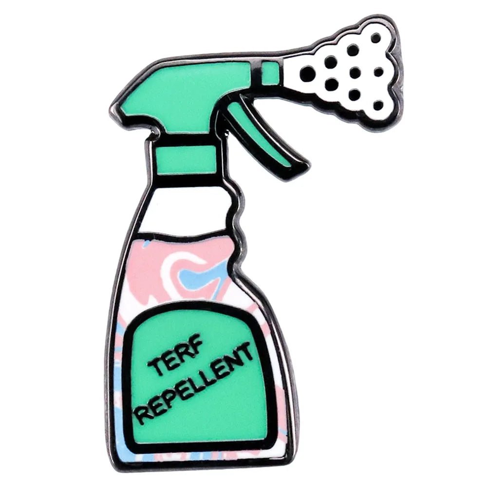 TERF REPELLENT Enamel Pin - a spray bottle with green label and nozzle, containing pink and blue swirled liquid. It symbolizes unity against trans-exclusionary radical feminists. Trans rights badge