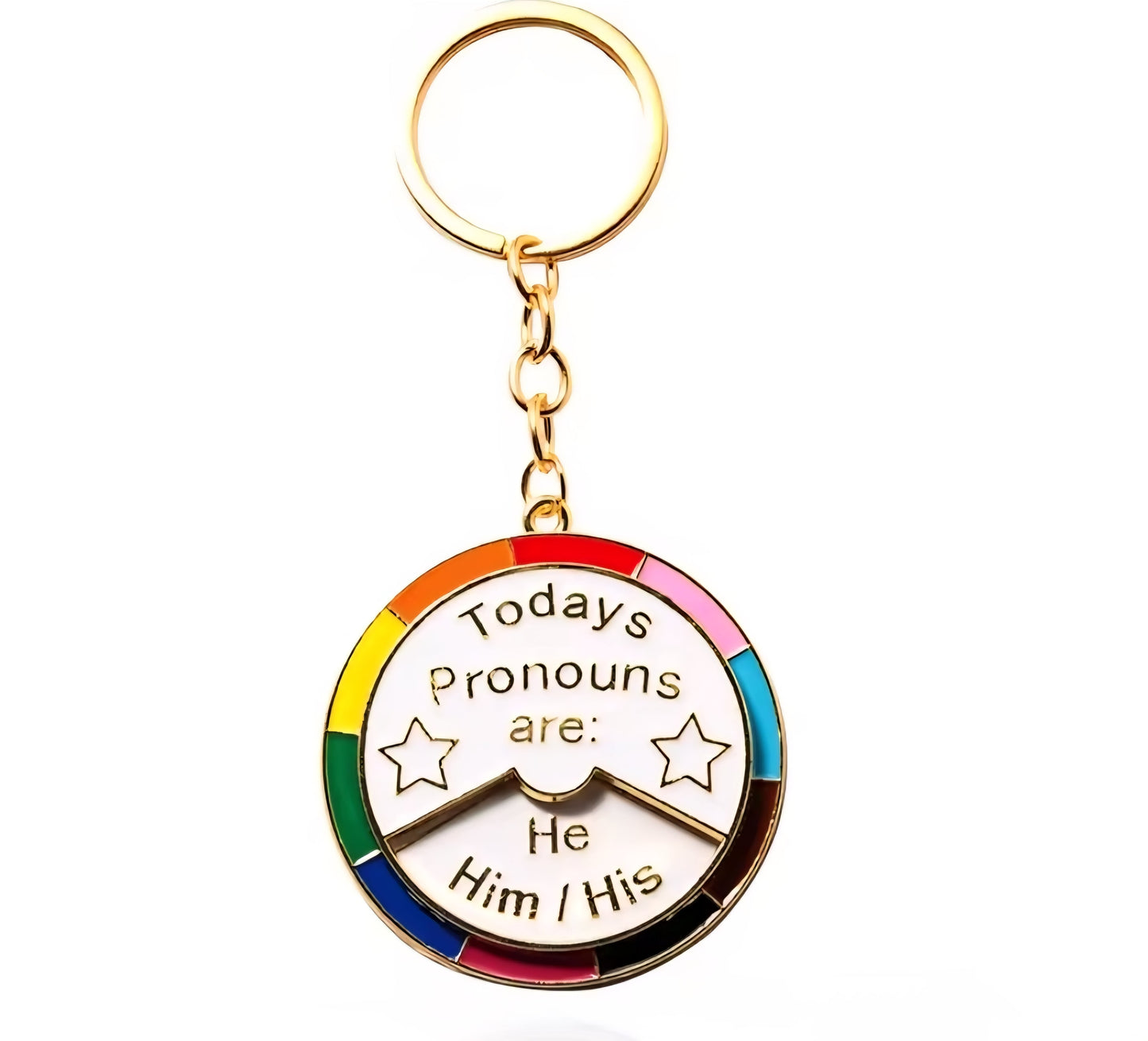 Todays Pronouns Are - rotating rainbow wheel keyring. He/Him/His They/Them/Theirs She/Her/Hers