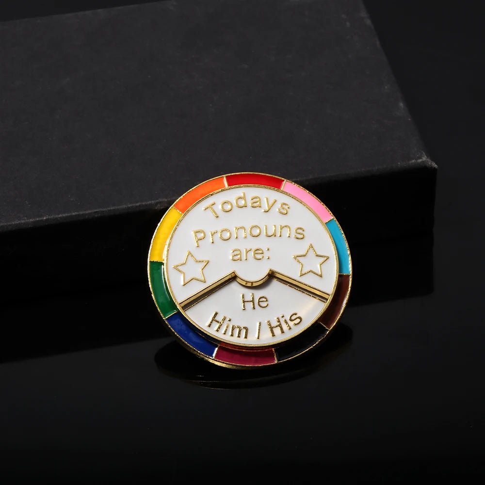 Today's Pronouns rotating brooch badge enamel pin