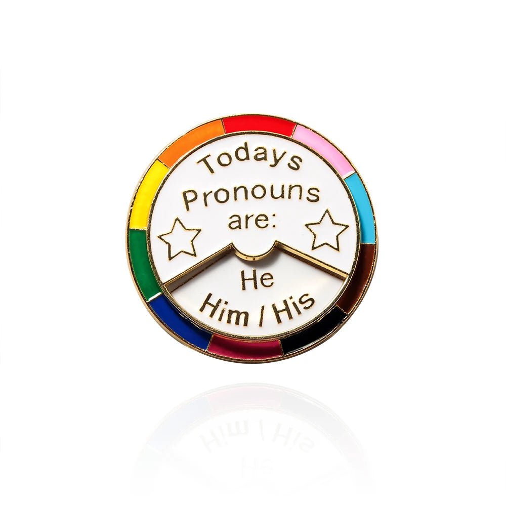 changing pronoun badge. Genderfluid ptonoun pin