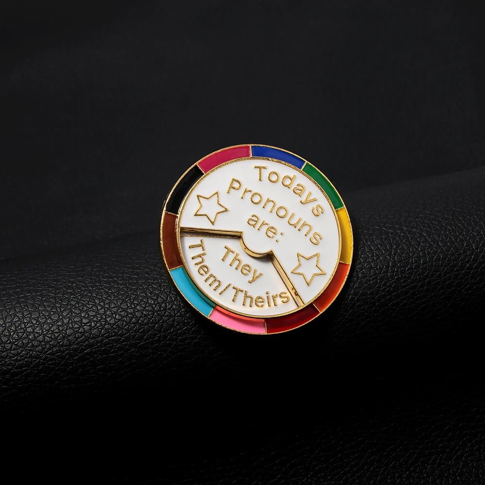 Todays Pronouns Are - rotating rainbow wheel pin. He/Him/His They/Them/Theirs She/Her/Hers