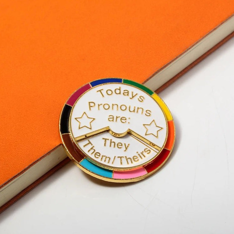 Todays Pronouns Are - rotating rainbow wheel keyring. He/Him/His They/Them/Theirs She/Her/Hers